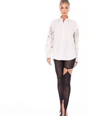 Crystal Bloom Embellished Oversized Button-Up Blouse